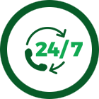 24/7 icon in a white circle background with green outline