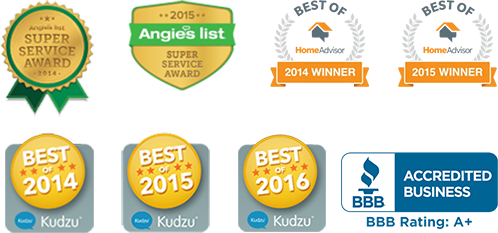Badges from BBB, Angies List, Kudzu and HomeAdvisor